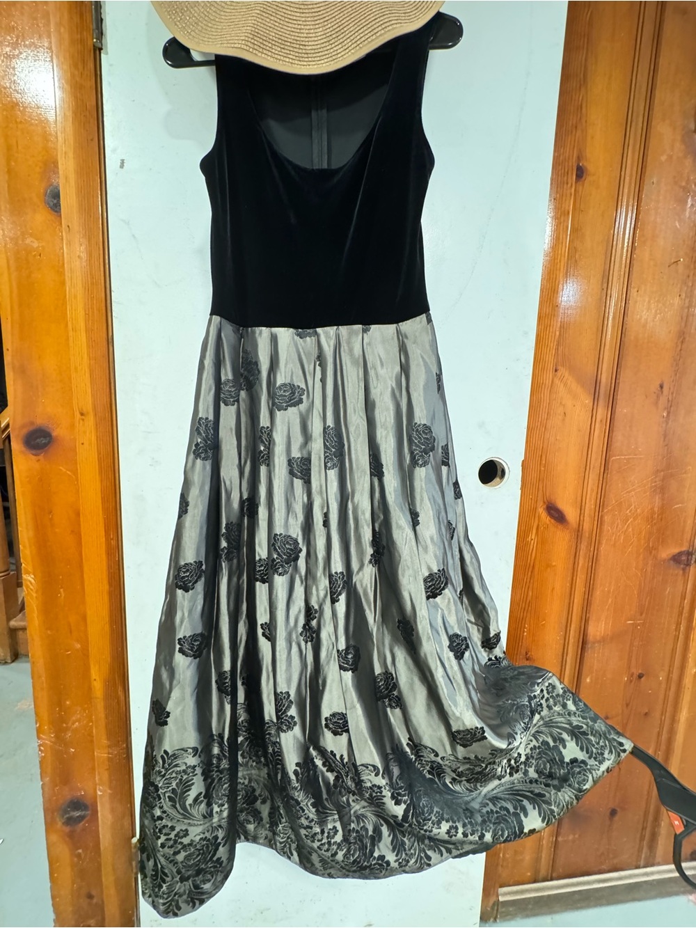 Patra Black Velvet Bodice with Silver Floral Skirt Evening Dress